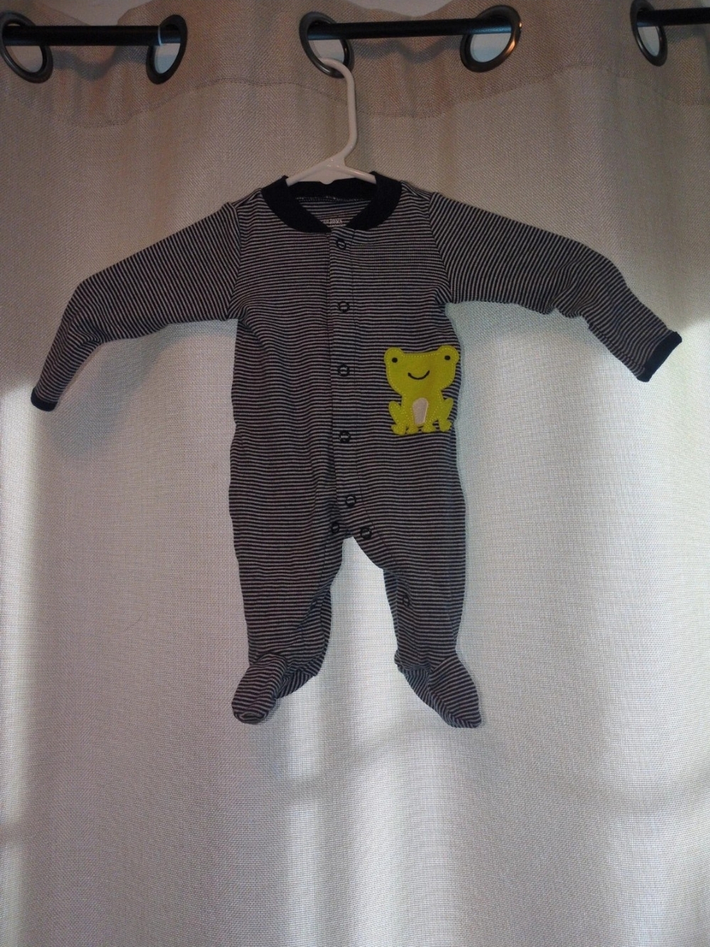 Simple Navy & White Striped Footed One-Piece with Yellow Frog